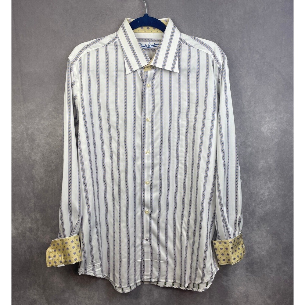 Robert Graham Shirt Mens Large Cotton Silk Long Sleeve Striped Dot Flip Cuff